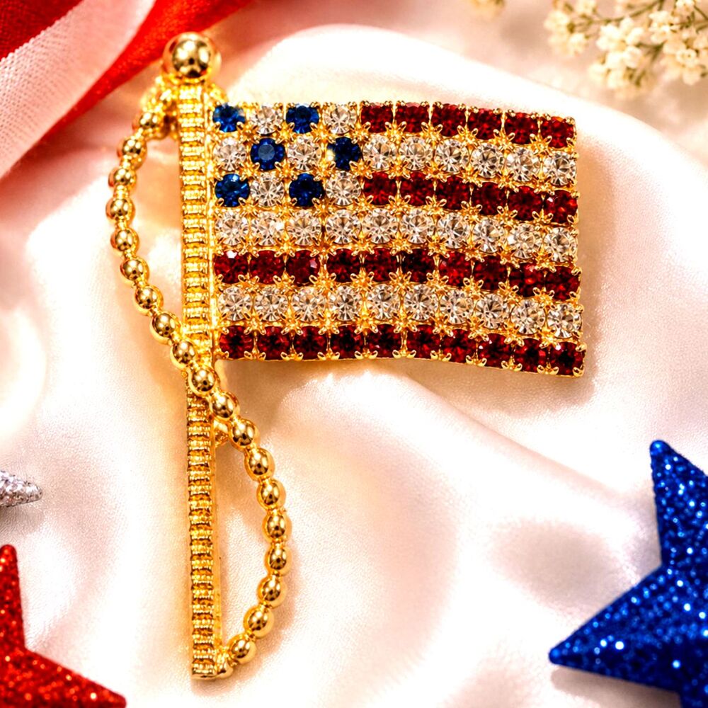 Vintage Rhinestone American Flag Brooch